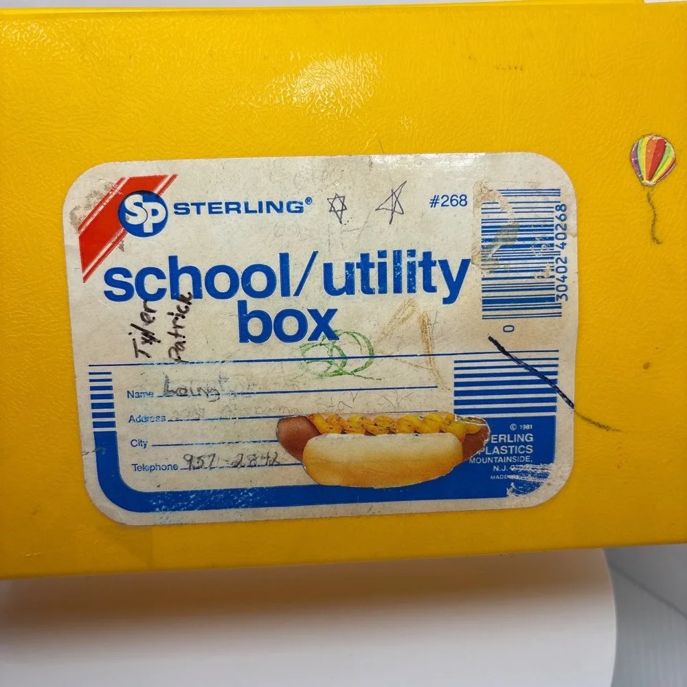 1980s Sterling Plastics Yellow School Utility Box 268 Hot‎ Dog Label 1981 USA